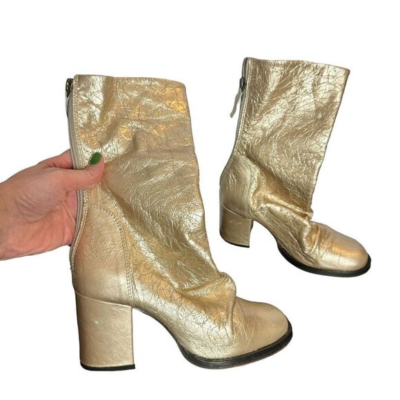 NEW Free People metallic gold crackle leather slouchy tall heel boots size 37 - Picture 13 of 13